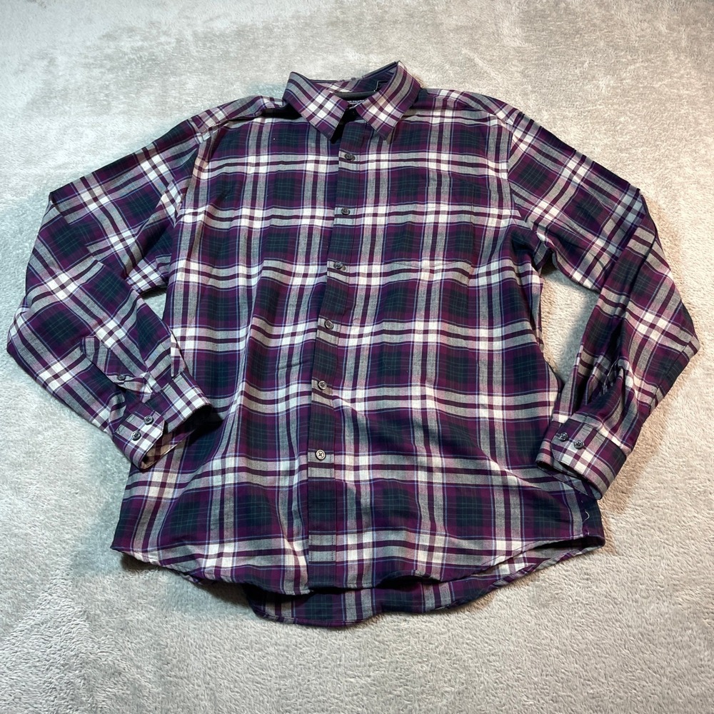 Van Heusen Shirt Men's Large Purple Flex Flannel Plaid Button Down‎ Classic Fit